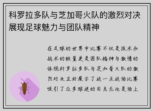 科罗拉多队与芝加哥火队的激烈对决展现足球魅力与团队精神